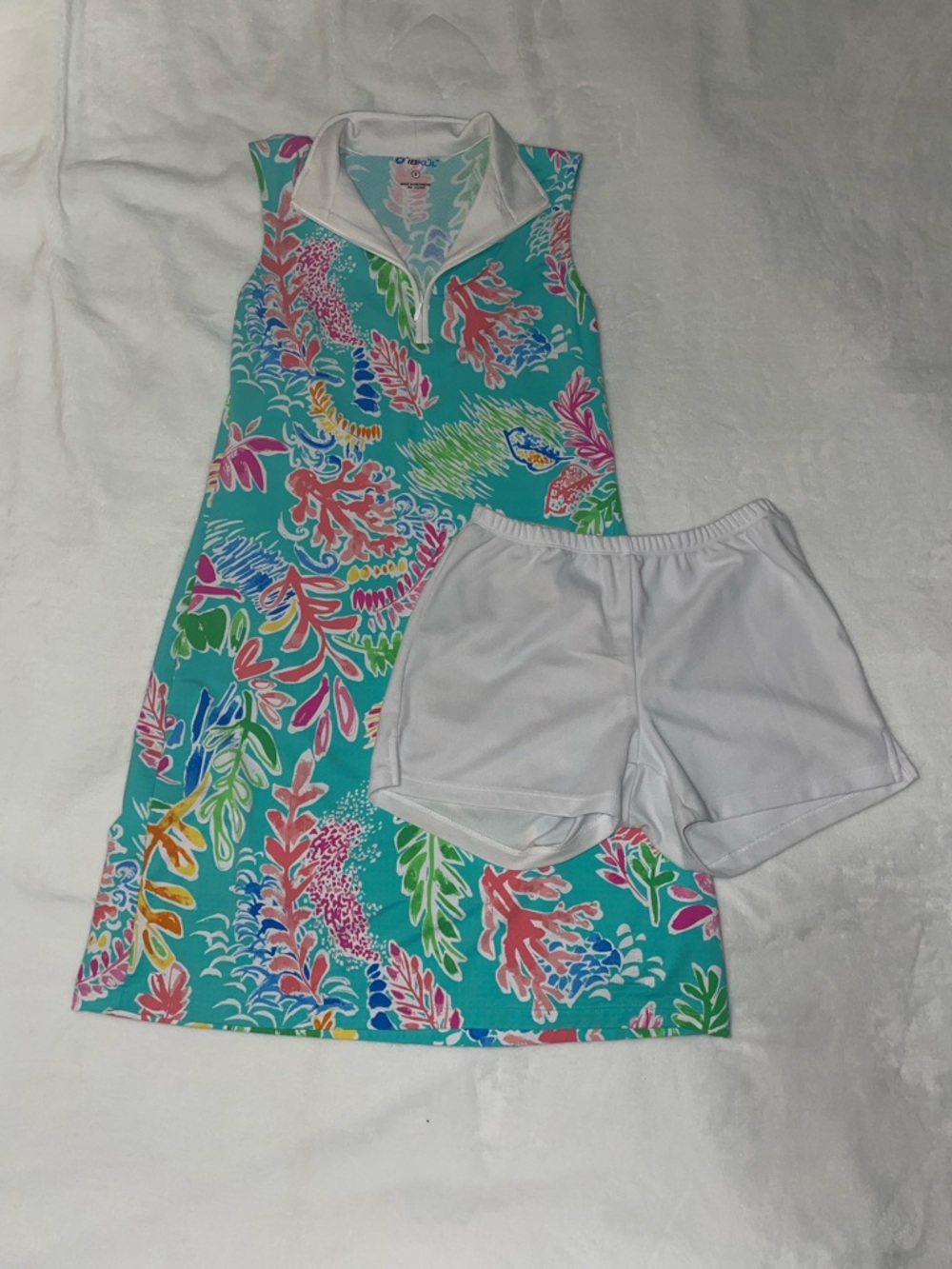 NWOT IBKUL Turquoise Multi-Color Sleeveless Mini Dress with White Shorts Golf
